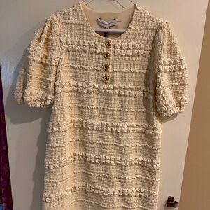 NWT English Factory Cream Mini Shift Dress With Puff Sleeves & Gold Buttons